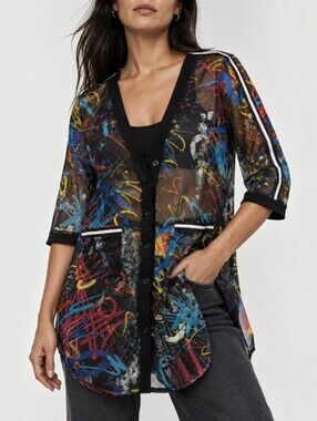 Joseph Ribkoff Sheer Mesh Graffiti Print See Through Button Front Tunic Top 8